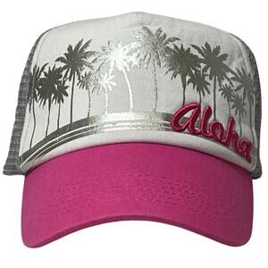 White Pink Aloha Mesh Back Breathable Adjustable Ball Cap Adult One Size